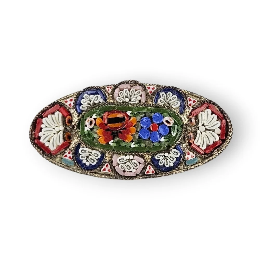 Vintage Mosaic Flower Brooch RM Italy Multicolor Colorful Italian Oval 1.5